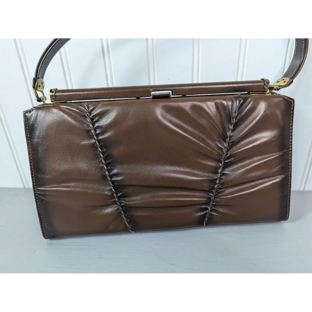 Vintage Mar-Shel Handbag Brown Leather Textured‎ Gold Toned Hardware Clasp